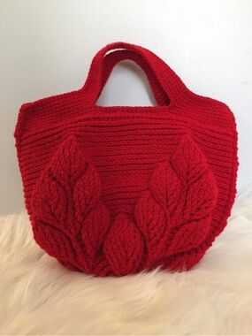 🔥NEW🔥 Crochet Handmade 3D-Leaf Bag, Red Cherries Drawstring Lining | Lunch bag